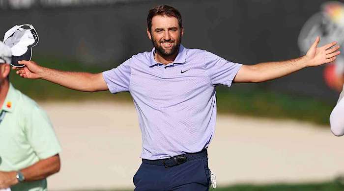 Scottie Scheffler celebrates after winning the 2024 Arnold Palmer Invitational Bay Hill Golf Course in Orlando, Fla.
